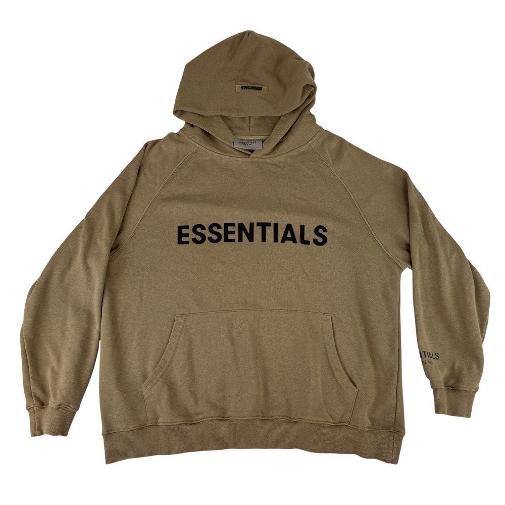 Fear of God Essentials Hoodie Mens Small Tan Khaki Logo Pullover Streetwear